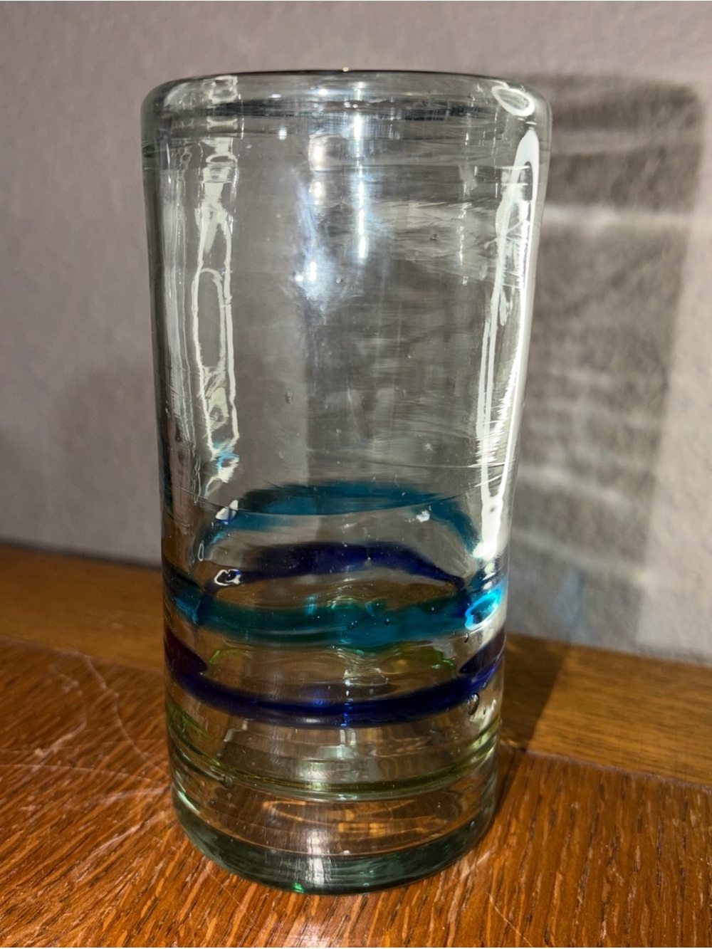 Handblown Clear Glass Tumbler with Blue and Teal Swirl